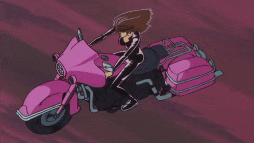 a woman is riding a pink motorcycle with a purple background
