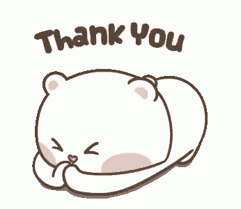 a cartoon bear is laying down and saying `` thank you '' with his hands on his face .