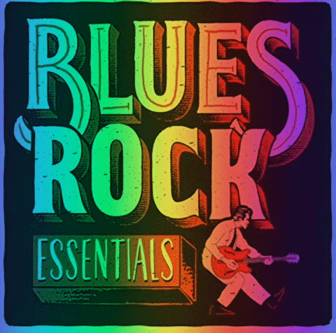 a poster for blues rock essentials with a man playing guitar