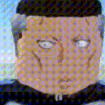 a close up of a cartoon character 's face with white eyes and a black hat .