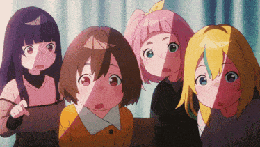 a group of anime girls looking at something
