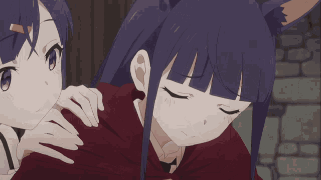 two anime girls with purple hair and ears are looking down