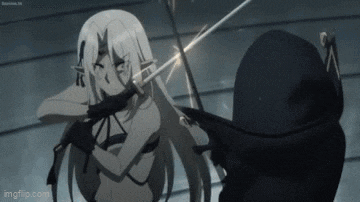 a girl with long white hair is holding a sword in her mouth while standing next to a man in a hood .