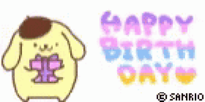 a cartoon dog is holding a pink bow and the words `` happy birthday '' are written on a white background .