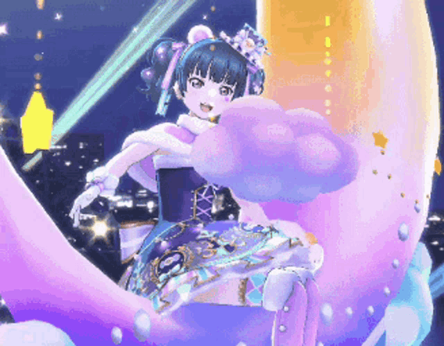 a girl in a purple dress is standing in front of a purple moon