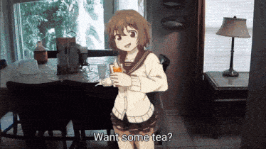 a girl in a sailor suit is holding a cup of tea and asking " want some tea "