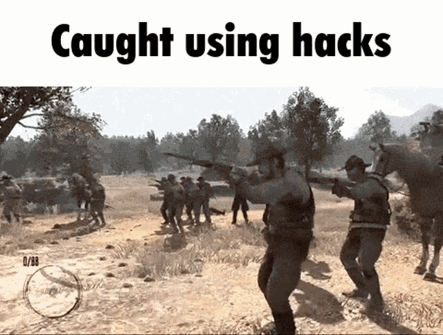 a video game scene with the words caught using hacks above it