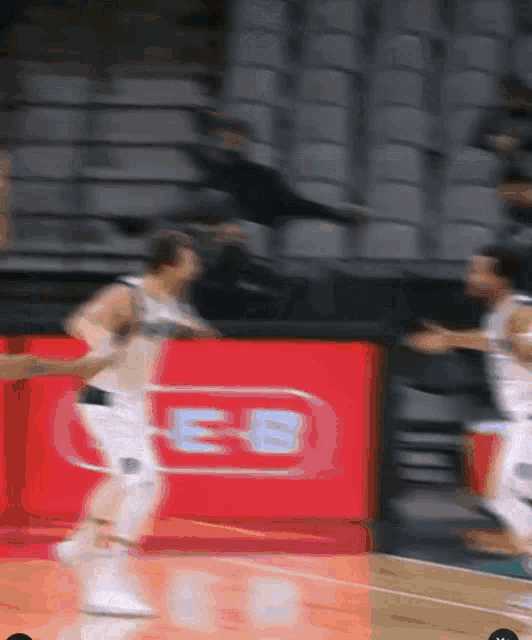 a blurred image of a basketball game with a red sign that says es