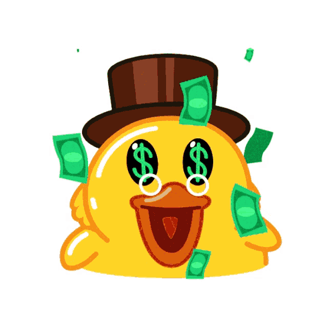 a cartoon of a duck wearing a top hat and surrounded by money