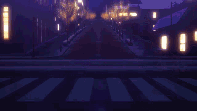 a girl with purple eyes is standing in front of a building at night