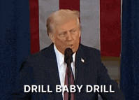 donald trump is giving a speech in front of a microphone and says `` drill baby drill '' .