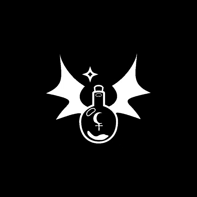 a black and white drawing of a bottle with wings