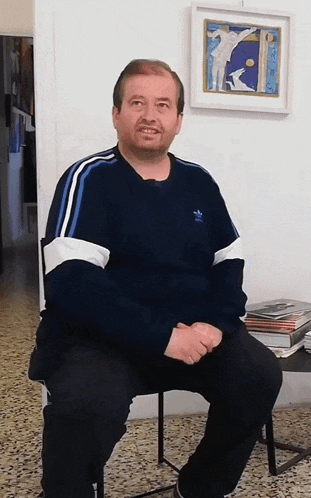 a man wearing a blue adidas sweater sits in front of a painting