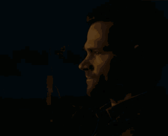 a man 's face is visible in the dark