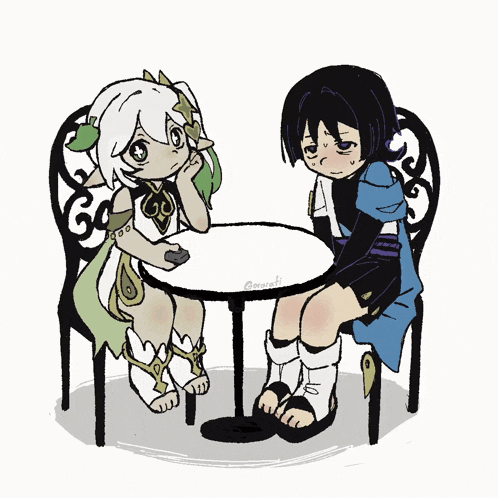 a drawing of two girls sitting at a table with the letters g and i on the table