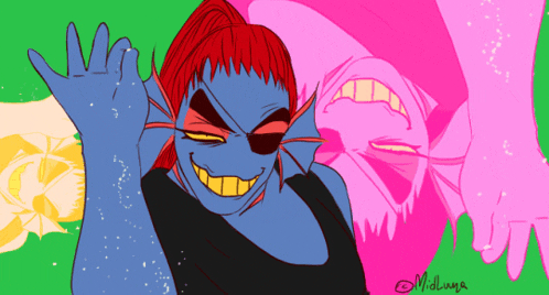 a drawing of a woman with red hair and yellow teeth has the name miduya written on the bottom right