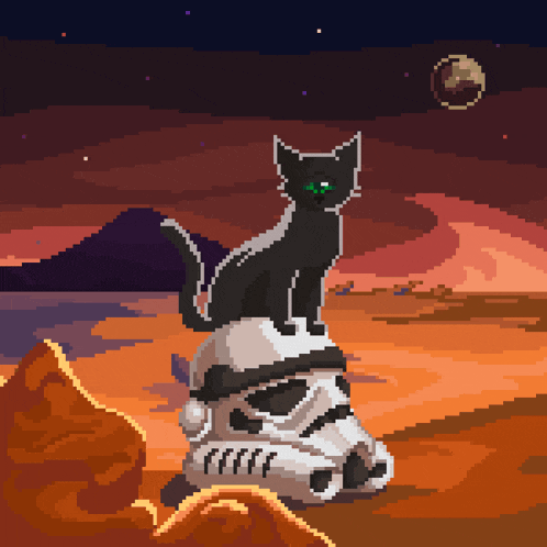 a pixel art of a storm trooper helmet with a black cat on top