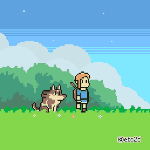 a pixel art of a man standing next to a dog with the watermark @ eto2d