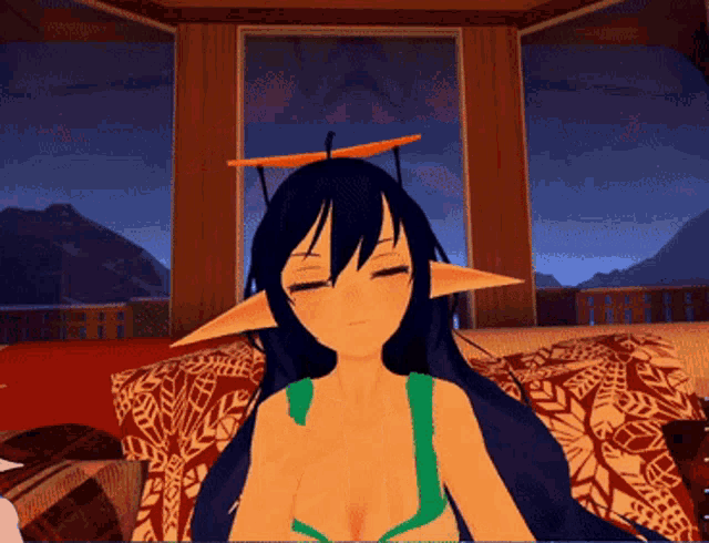 a cartoon character with long hair and ears is sitting on a couch