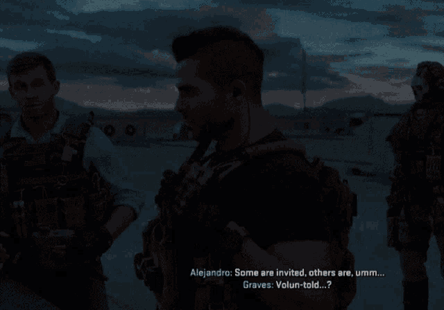 a video game screen shows a man talking to another man with the words graves what 's the meet about alejandro us