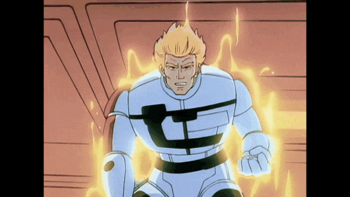 a cartoon character in a white suit with the letter t on his chest