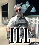 a man wearing an apron and gloves is sitting at a table with the word ill in the corner