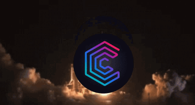 a rocket is being launched with a colorful circle in the foreground