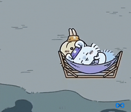 a cartoon of a rabbit laying in a hammock with a purple pillow