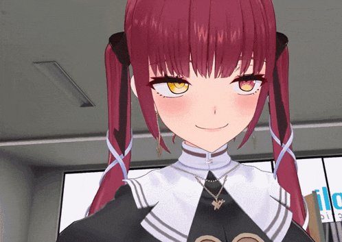 a girl with red hair is smiling in front of a sign that says u