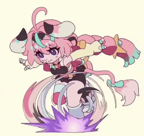 a drawing of a girl with pink hair and a purple tail .
