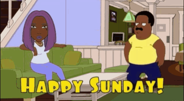 a cartoon of a man and a woman sitting on a couch with the words happy sunday in yellow letters