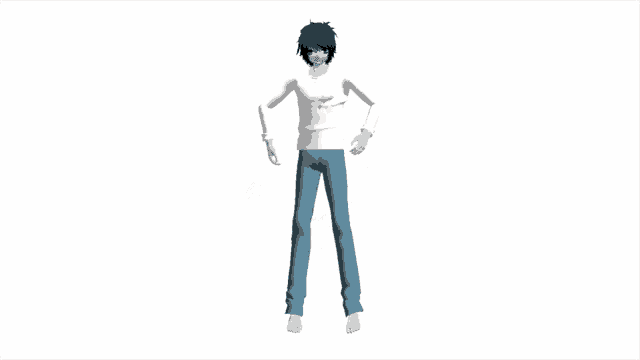 a man in a white shirt and blue pants is dancing on a white background