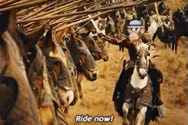 a man is riding a horse in front of a herd of horses and says `` ride now '' .
