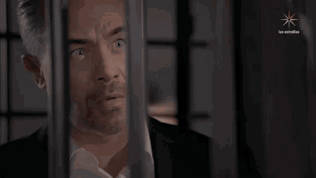 a man in a suit and white shirt is behind bars in a prison cell .