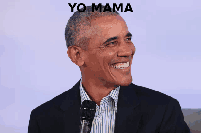 barack obama is smiling and holding a microphone in front of a yo mama logo