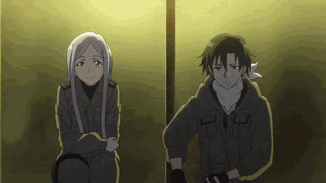 a man and a woman are standing next to each other and the man has a scarf around his neck and the woman has white hair