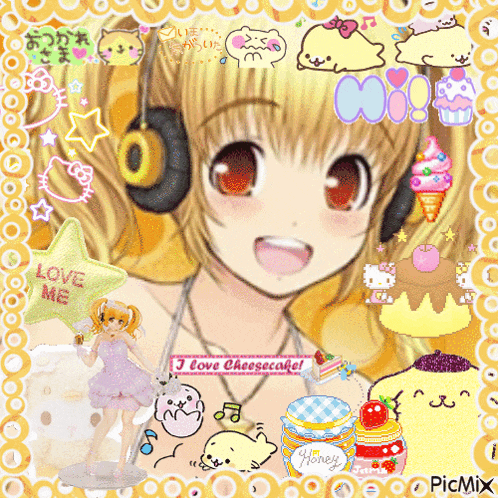 a picture of a girl wearing headphones with a star that says love me