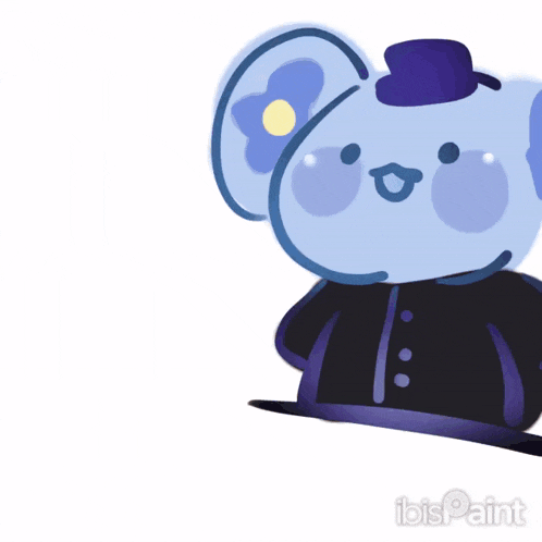 a drawing of a blue mouse wearing a top hat and a black coat