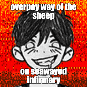 a black and white drawing of a boy with the words `` overpay way of the sheep on seawayed infirmary '' on it