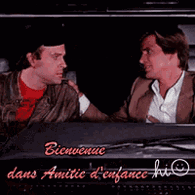 two men sitting in a car with the words bienvenue dans amitie d' enfance