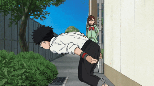 a cartoon of a girl standing next to a boy who is laying on the ground
