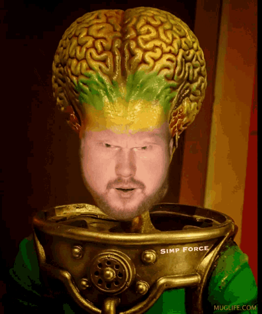 a picture of a man with a brain on his head with the words simp force on the bottom