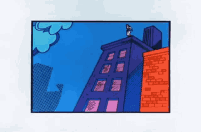 a cartoon drawing of a man standing on the roof of a building