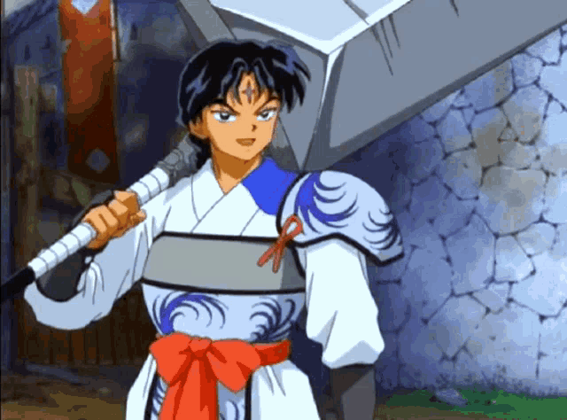 a cartoon character is holding a large sword over his head