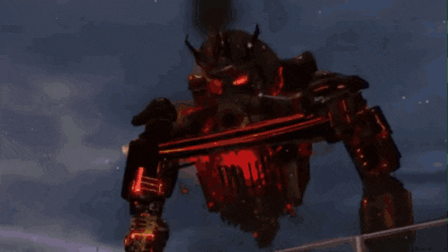 a robot is flying through a cloudy sky with red rays coming out of its arms