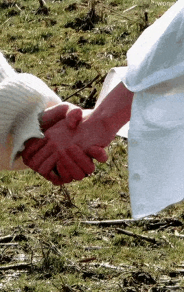 a couple of people shaking hands in a field .
