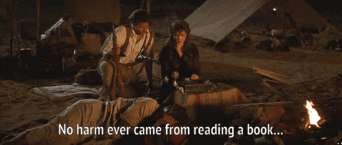 a movie scene with the words no harm ever came from reading a book on the bottom