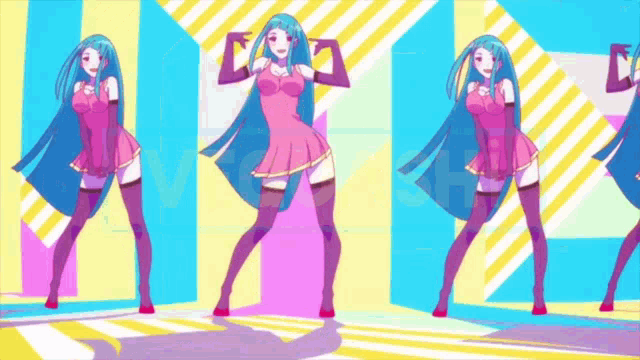 three anime girls are dancing in front of a colorful background
