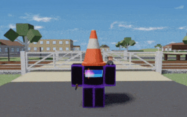 a purple robot with an orange cone on it