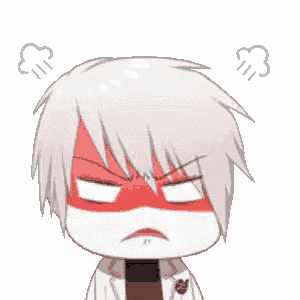 a cartoon boy with white hair and a red mask on his face is angry .